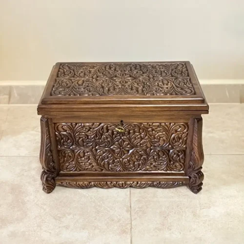 Maraş El Oyma Ceviz Ahşap Çeyiz Sandığı – 50x30x30 cm | Erva Natural Model