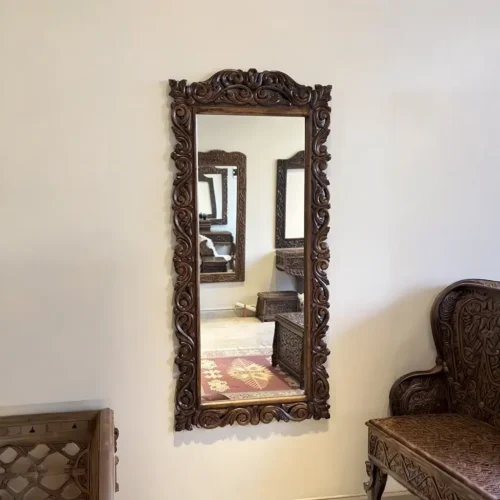 Maraş El Oyma Büyük Boy Ayna – 162x73,5 cm Ceviz Ahşap Duvar Aynası | Klasik Kıvrımlı Model