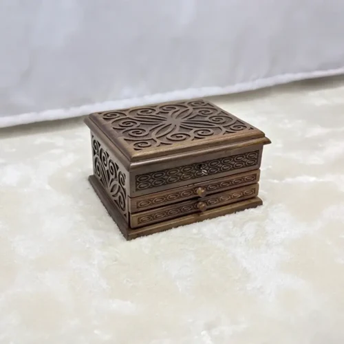 Ceviz Ağacından El Oyma Saat Aksesuar & Tespih Kutusu – 30x36x22 cm | 2 Çekmeceli Koleksiyon Kutusu