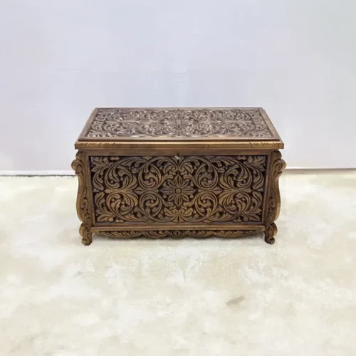 Maraş El Oyma Ceviz Ahşap Çeyiz Sandığı – 95x50x60 cm Büyük Boy Sandık | İstanbul Eskitme Model