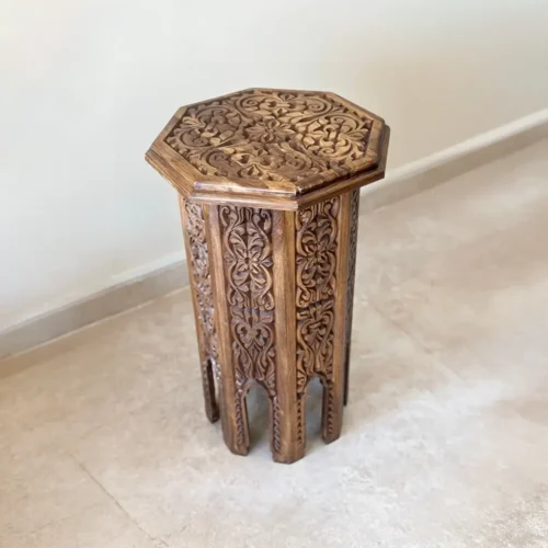 El Oyma Ceviz Ahşap Yan Sehpa 44x44x76 cm | Maraş El İşçiliği Dekoratif Sehpa Natural