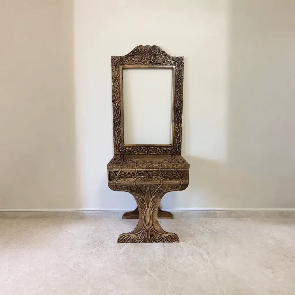 Maraş El Oyma Hayat Ağacı Dresuar – 80x45x85 cm Ayna Dahil Ceviz Ahşap Dresuar Takımı