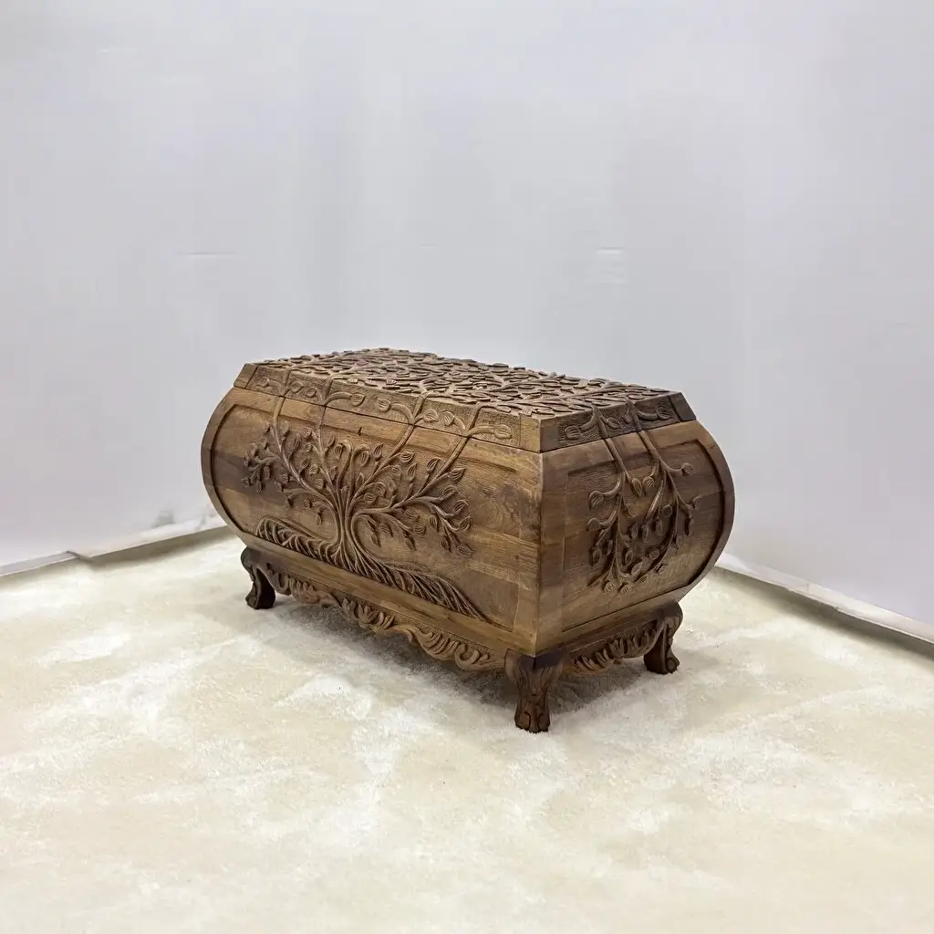 Maraş El Oyma Ceviz Ahşap Çeyiz Sandığı –Ahşap Sandık- 95x50x54 cm | Hayat Ağacı Model - Görsel 2