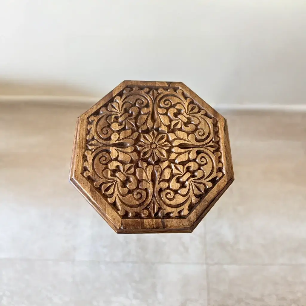 El Oyma Ceviz Ahşap Yan Sehpa 44x44x76 cm | Maraş El İşçiliği Dekoratif Sehpa Natural - Görsel 2