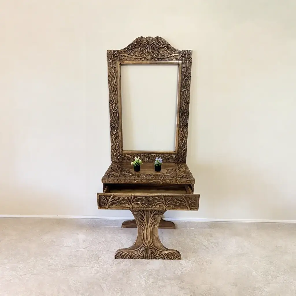 Maraş El Oyma Hayat Ağacı Dresuar – 80x45x85 cm Ayna Dahil Ceviz Ahşap Dresuar Takımı - Görsel 2