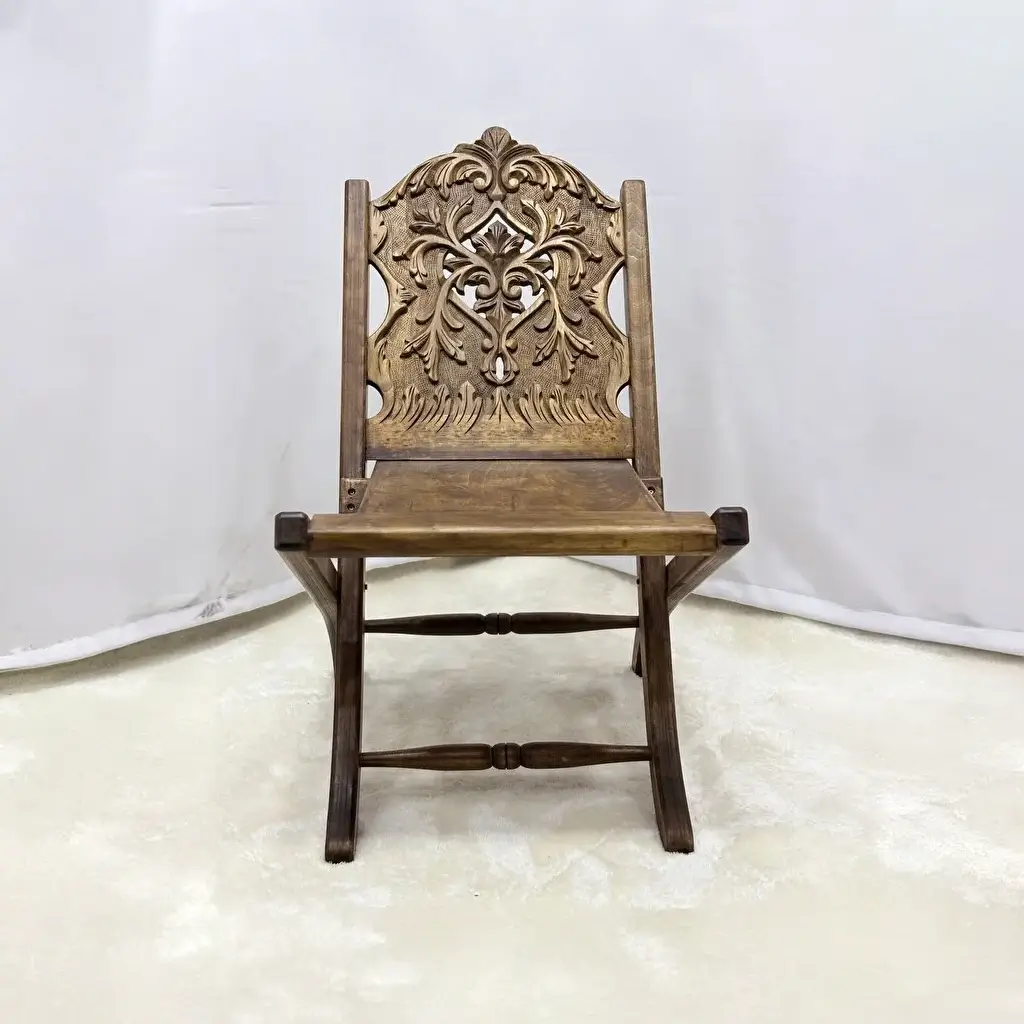 El Oyma Katlanır Ceviz Ahşap Sandalye – 55x50x75 cm Dekoratif El İşçiliği Sandalye | Klasik Model - Görsel 2