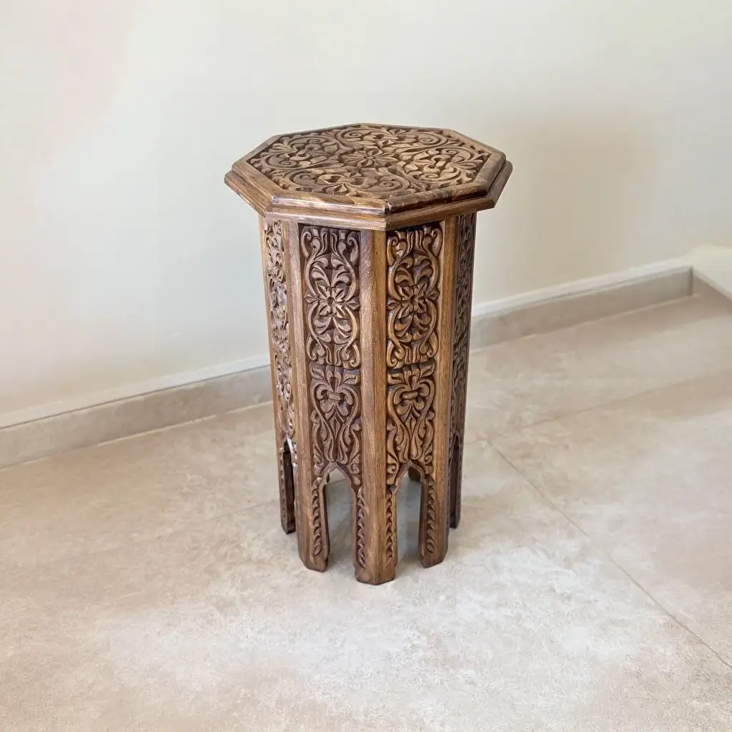 El Oyma Ceviz Ahşap Yan Sehpa 44x44x76 cm | Maraş El İşçiliği Dekoratif Sehpa Natural - Görsel 3