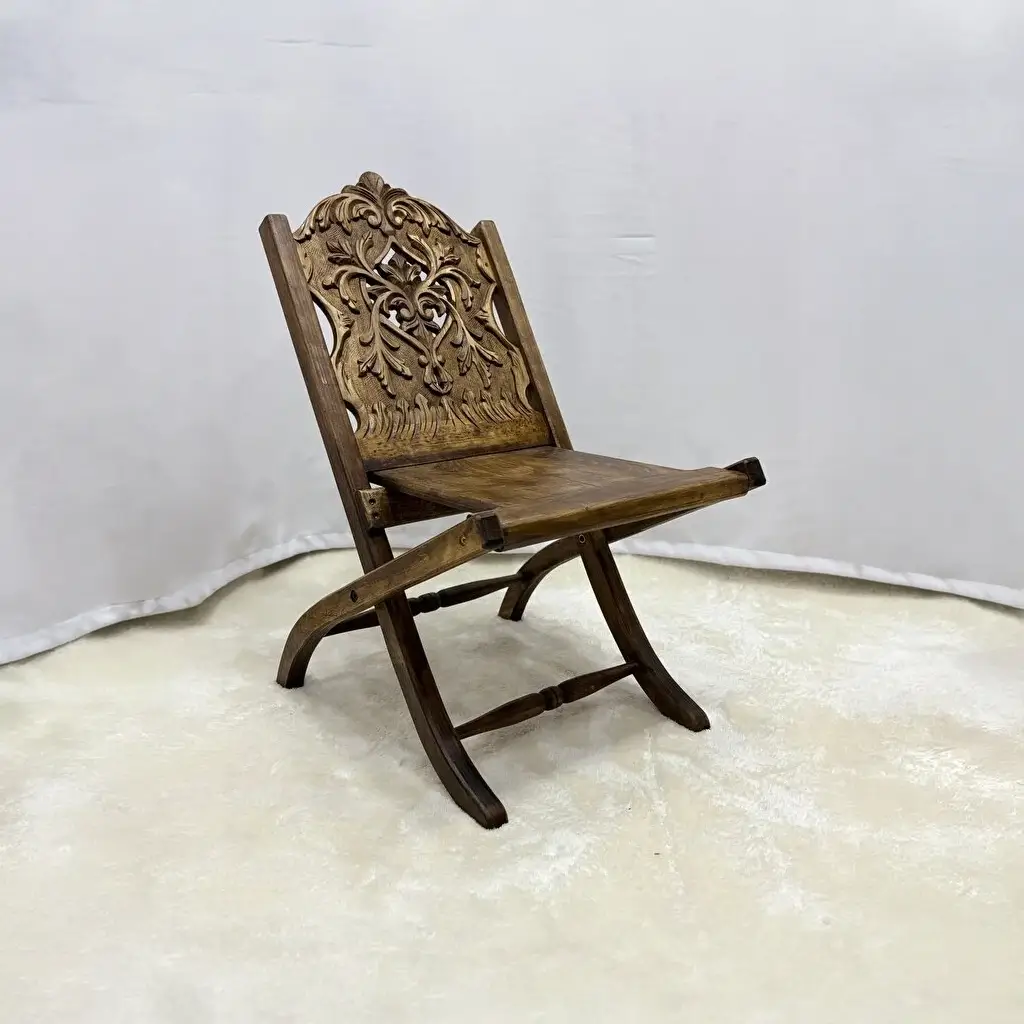 El Oyma Katlanır Ceviz Ahşap Sandalye – 55x50x75 cm Dekoratif El İşçiliği Sandalye | Klasik Model - Görsel 3