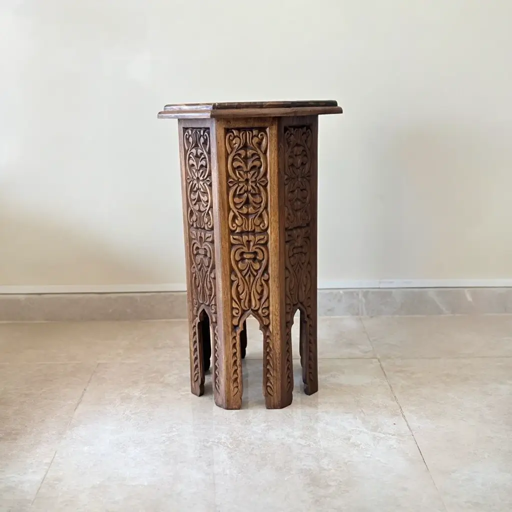 El Oyma Ceviz Ahşap Yan Sehpa 44x44x76 cm | Maraş El İşçiliği Dekoratif Sehpa Natural - Görsel 4