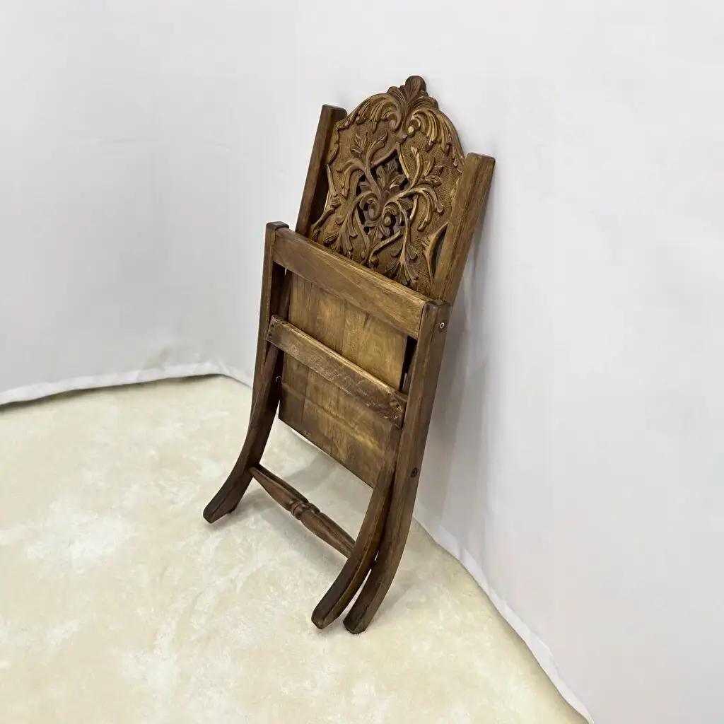 El Oyma Katlanır Ceviz Ahşap Sandalye – 55x50x75 cm Dekoratif El İşçiliği Sandalye | Klasik Model - Görsel 4