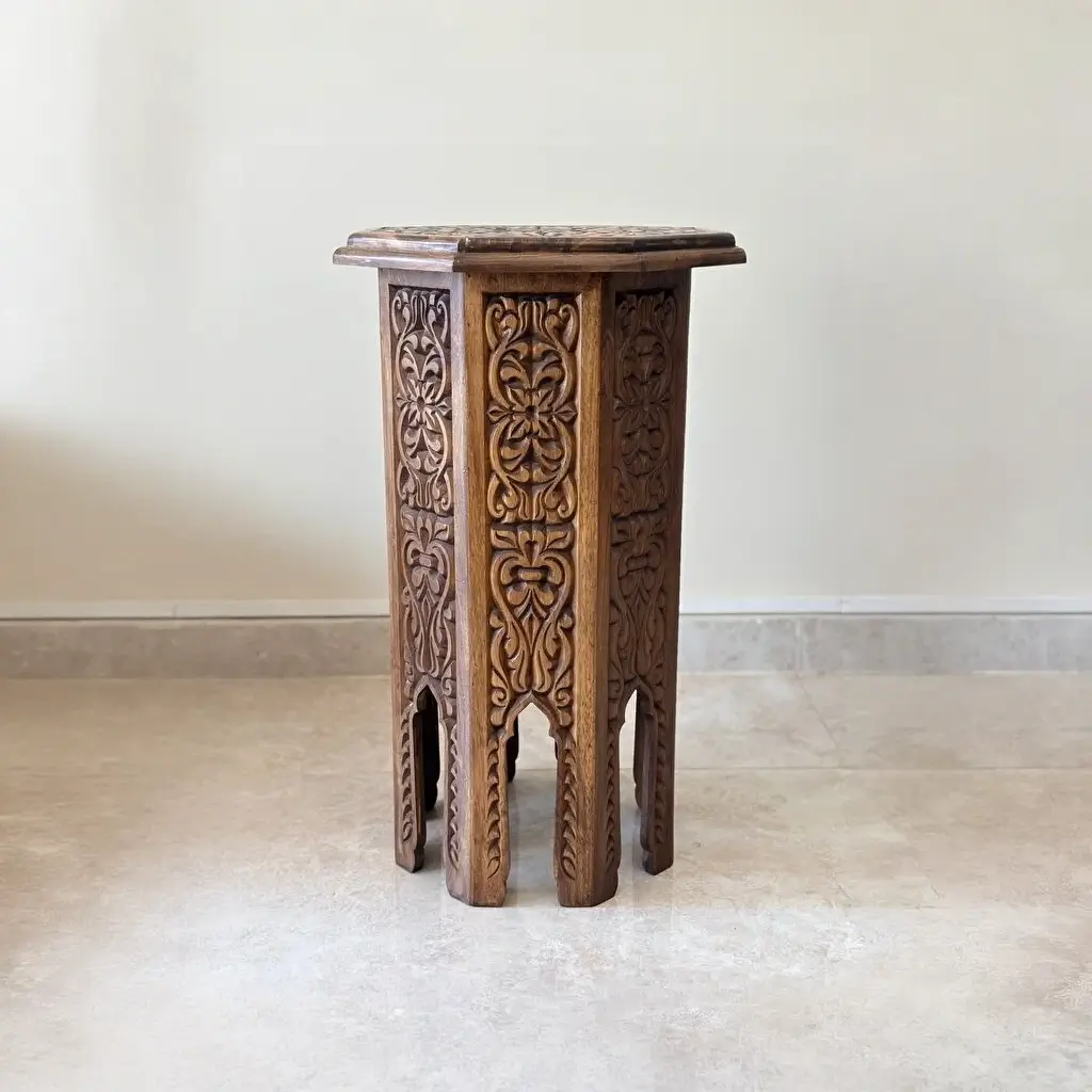 El Oyma Ceviz Ahşap Yan Sehpa 44x44x76 cm | Maraş El İşçiliği Dekoratif Sehpa Natural - Görsel 5