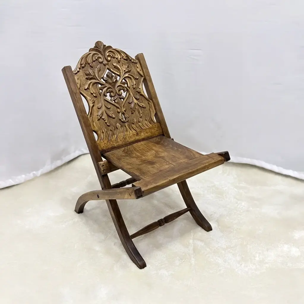 El Oyma Katlanır Ceviz Ahşap Sandalye – 55x50x75 cm Dekoratif El İşçiliği Sandalye | Klasik Model - Görsel 5
