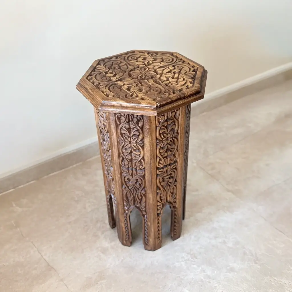 El Oyma Ceviz Ahşap Yan Sehpa 44x44x76 cm | Maraş El İşçiliği Dekoratif Sehpa Natural - Görsel 6