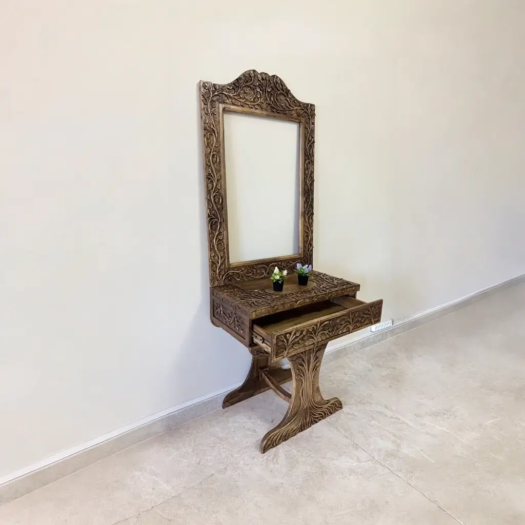Maraş El Oyma Hayat Ağacı Dresuar – 80x45x85 cm Ayna Dahil Ceviz Ahşap Dresuar Takımı - Görsel 3