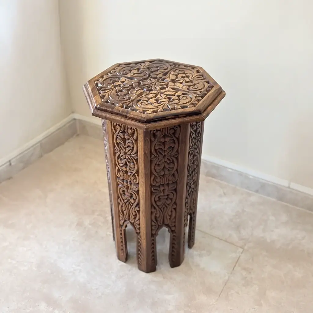 El Oyma Ceviz Ahşap Yan Sehpa 44x44x76 cm | Maraş El İşçiliği Dekoratif Sehpa Natural - Görsel 7