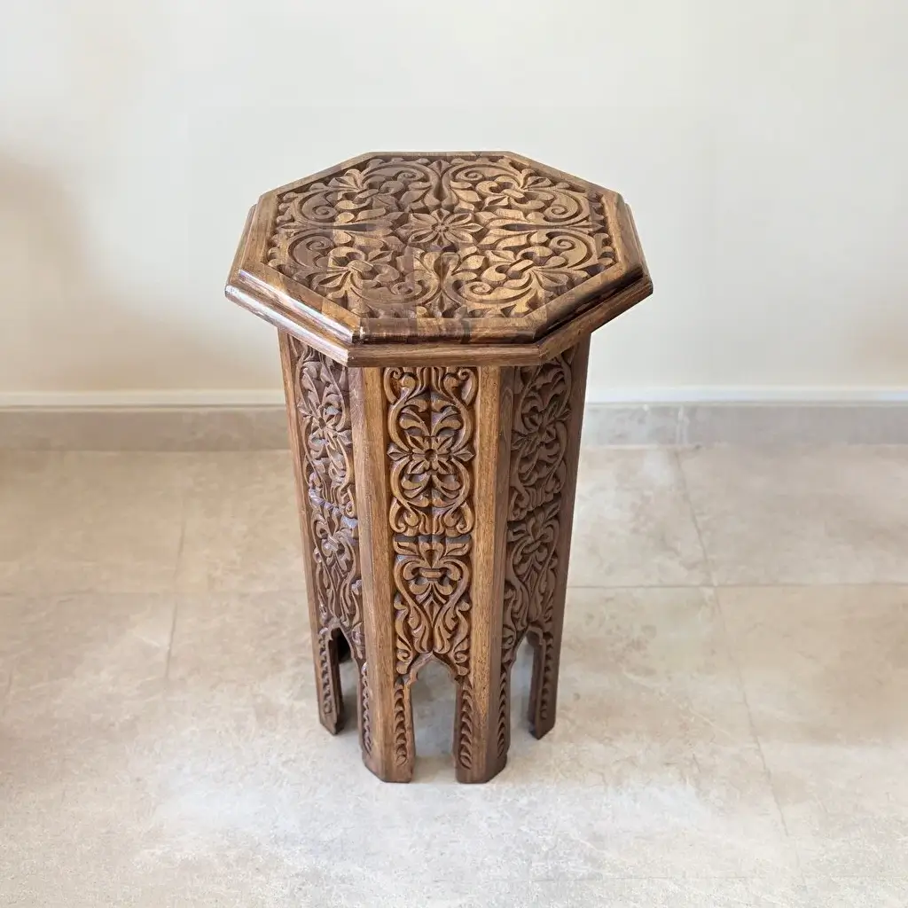 El Oyma Ceviz Ahşap Yan Sehpa 44x44x76 cm | Maraş El İşçiliği Dekoratif Sehpa Natural - Görsel 8