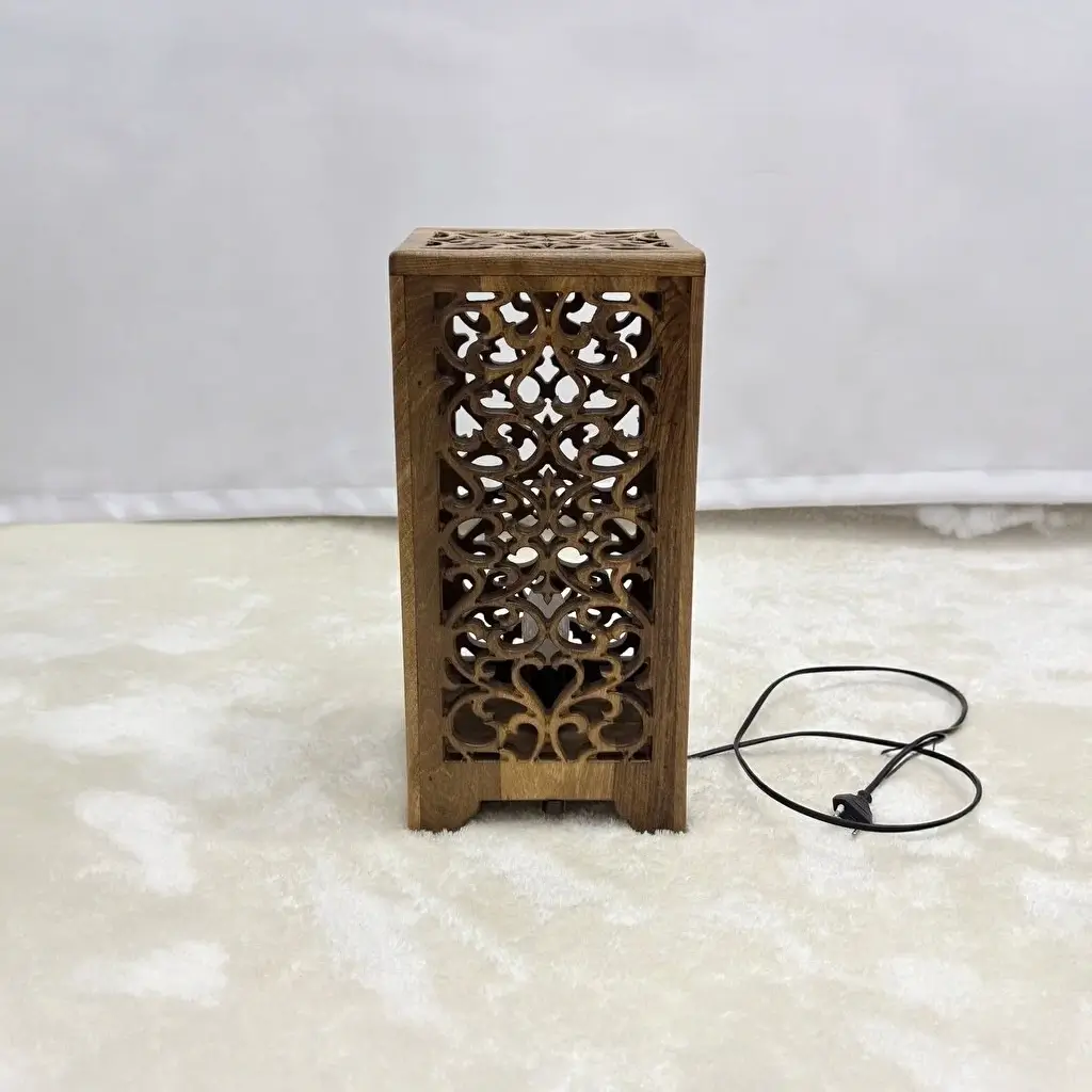 Ceviz Ağacından El Oyma Dekoratif Abajur - Ahşap Abajur 20x20x40 cm - Görsel 7